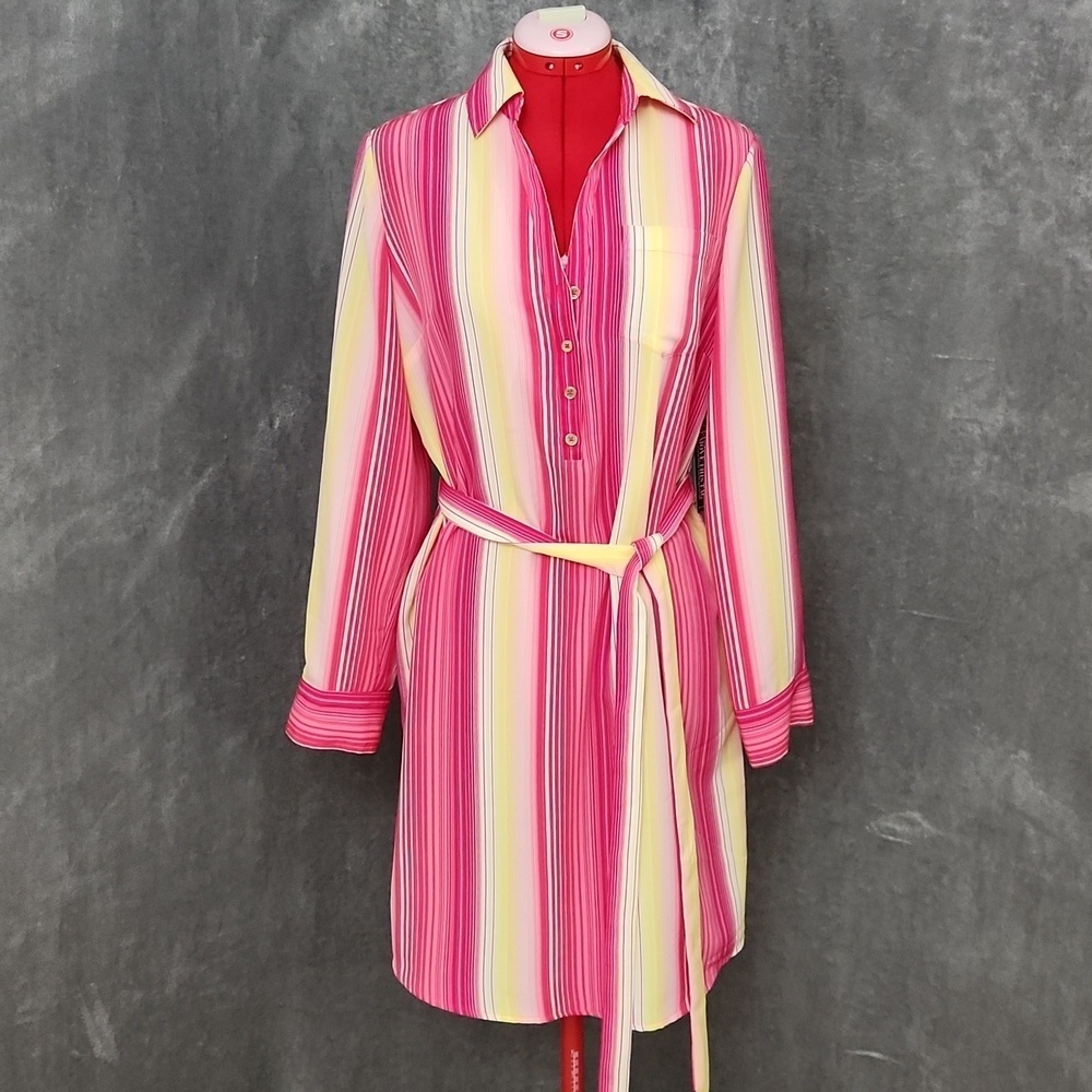 NWT New York & co pink yellow stripped collared dress - Picture 1 of 11